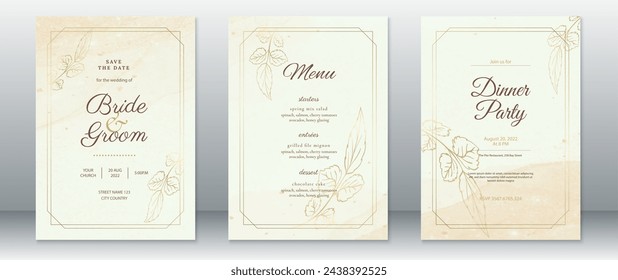 Wedding invitation card template with rose leaf golden design