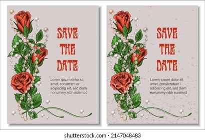 Wedding invitation card template with roses, green leaves, tendrils, pearls on a pale backdrop. Classic vector illustration for romantic event. Asymmetric composition