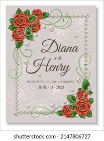 Wedding invitation card template with roses, green leaves, tendrils, pearls, rectangular frame, contour flowers on a pale backdrop. Classic vector illustration for romantic event.