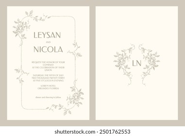 Plantilla de tarjeta de invitación de boda. Marco de las rosas y marco del monograma.