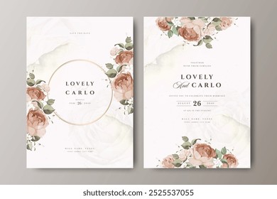 Wedding invitation card template with roses flower and golden line creamy background