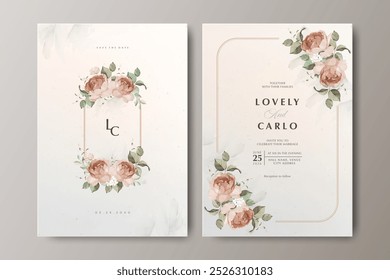 Plantilla de la tarjeta de invitación de la Boda con la flor de las rosas y la línea de oro	