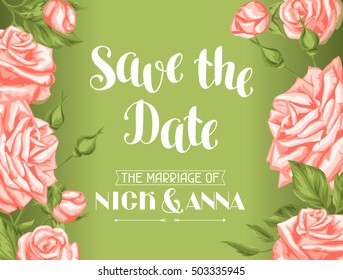 Wedding invitation card template with roses. Calligraphic text and vintage flowers.