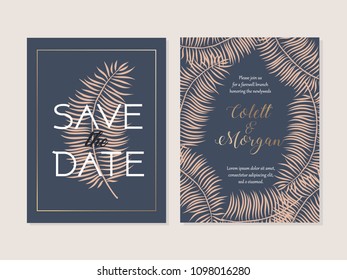 Plantilla de tarjeta de invitación de boda, guardar la plantilla de tarjeta de fecha, patrón de hojas tropicales