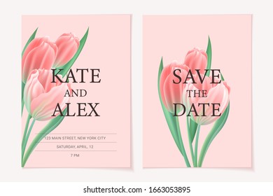 Plantilla de tarjeta de invitación de boda. Guarde la inscripción de fecha con tulipanes rosados rojos. Estilo realista. Ilustración vectorial.