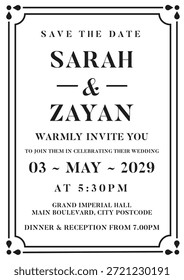 Plantilla Guardar de la tarjeta de invitación de Boda con el diseño de la fecha y los bordes decorativos para ceremonias matrimoniales, celebraciones formales y eventos de aniversario