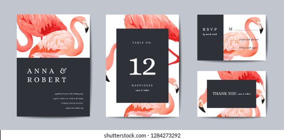 Wedding Invitation Card Template Set. Tropical Flamingo Birds Save the Date or Congratulation Cards. Wedding Invite, Table Number Design Background. Vector illustration