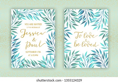 Wedding invitation card template set. Elegant blue eucalyptus branches decor. To love, be loved lettering glitter phrase. Hand drawn background of gold dots. EPS 10 vector illustration