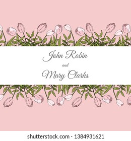Wedding invitation card template. Set of card with tulips. Romantic tender background with tulips. Luxury invitation design for wedding invitation, save the date and thank you cards.