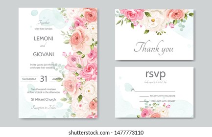 wedding invitation card  template set with beautiful floral leaves