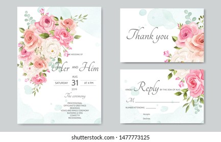 wedding invitation card  template set with beautiful floral leaves