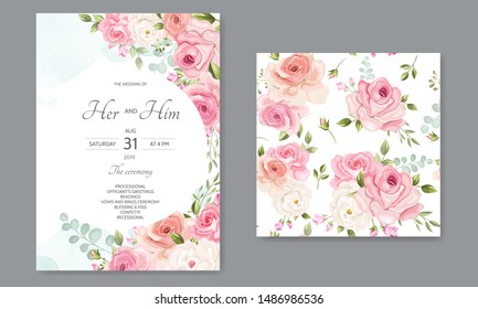 wedding invitation card  template set with beautiful seamless pattern floral leaves