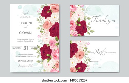 wedding invitation card  template set with beautiful floral leaves