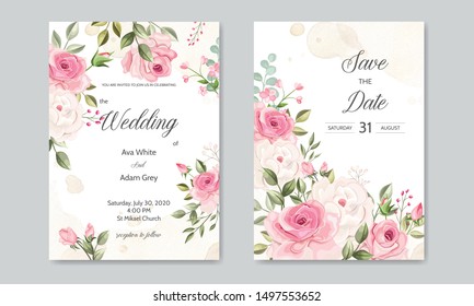 wedding invitation card  template set with beautiful floral leaves