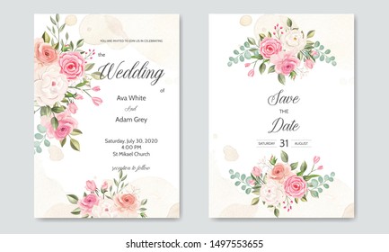 wedding invitation card  template set with beautiful floral leaves