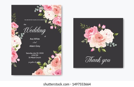 wedding invitation card  template set with beautiful floral leaves