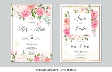 wedding invitation card  template set with beautiful floral leaves