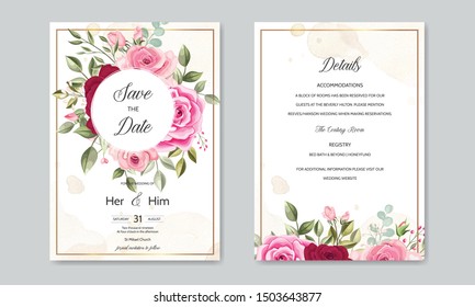 wedding invitation card template set with beautiful floral leaves