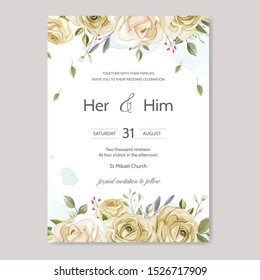 wedding invitation card template set with beautiful floral leaves