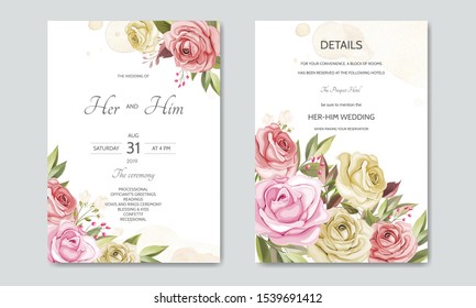 wedding invitation card template set with beautiful floral leaves