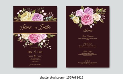 wedding invitation card template set with beautiful floral leaves