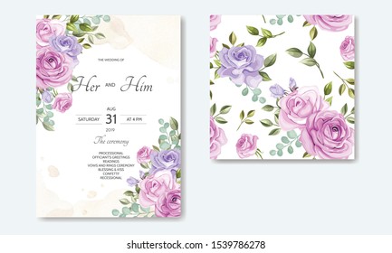 wedding invitation card template set with beautiful floral leaves