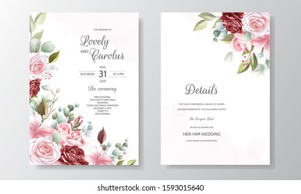 Wedding invitation card template set with beautiful floral leaves