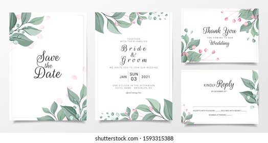 Wedding invitation card template set with elegant leaves border. Greenery leaves illustration for background, save the date, invitation, greeting card vector