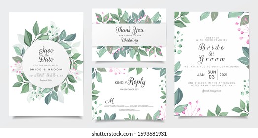 Wedding invitation card template set with flat blue and green botanic decoration. Leaves illustration for background, save the date, invitation, greeting card, poster vector