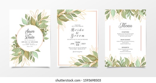 Wedding invitation card template set with elegant branch and glitter decoration. Leaves illustration for background, save the date, invitation, greeting card, poster vector