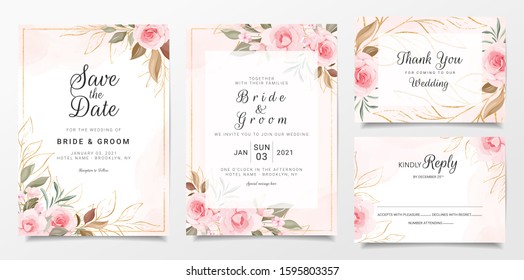 Wedding invitation card template set with floral decoration. Peach roses flowers illustration for save the date, invitation, greeting card, poster vector