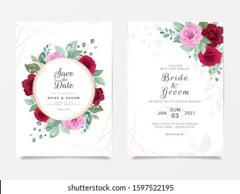 Wedding invitation card template set with floral frame and geometric line border. Roses and leaves botanic illustration for background, save the date, invitation, greeting card, poster vector