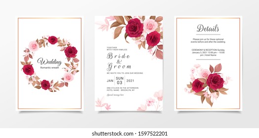 Wedding invitation card template set with flowers wreath and bouquet decoration. Roses and leaves botanic illustration for background, save the date, invitation, greeting card, poster vector