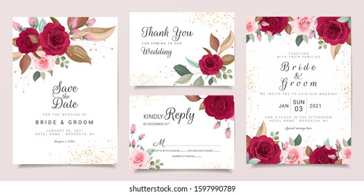 Wedding invitation card template set with flowers arrangements. Roses and leaves botanic illustration for background, save the date, invitation, greeting card, poster vector