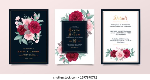 Wedding invitation card template set with flowers decoration and pantone background. Roses and leaves botanic illustration for background, save the date, invitation, greeting card, poster vector