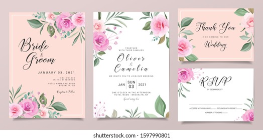 Wedding invitation card template set with elegant flowers decoration border. Roses and leaves botanic illustration for background, save the date, invitation, greeting card, poster vector