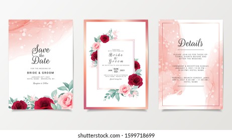 Wedding invitation card template set with flowers decoration and elegant fluid background. Burgundy and peach roses botanic illustration for save the date, greeting, poster, cover vector