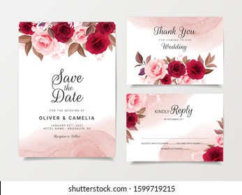 Wedding invitation card template set with flowers decoration and fluid background. Burgundy and peach roses botanic illustration for save the date, greeting, poster, cover vector
