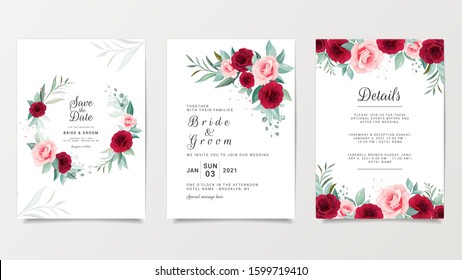 Wedding invitation card template set with flowers decoration. Burgundy and peach roses botanic illustration for save the date, greeting, poster, cover vector