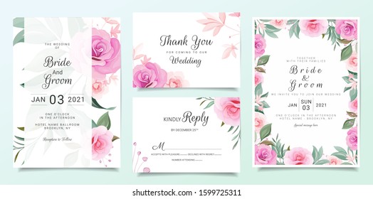 Wedding invitation card template set with flowers decoration. Purple roses and leaves botanic illustration for background, save the date, greeting, poster, cover vector