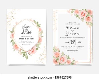 Wedding invitation card template set with geometric floral frame and glitter. Peach roses botanic illustration for background, save the date, greeting, poster, cover vector