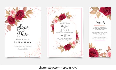 Wedding invitation card template set with flowers and gold geometric decoration. Burgundy and peach roses botanic illustration for background, save the date, greeting, poster, cover vector
