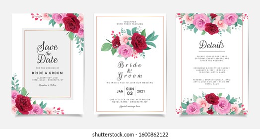 Wedding invitation card template set with flowers and gold geometric decoration. Burgundy and purple roses botanic illustration for background, save the date, greeting, poster, cover vector