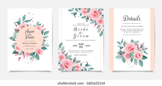 Wedding invitation card template set with flower frame and border. Pastel peach roses botanic illustration for background, save the date, greeting, poster, cover vector