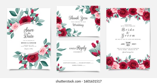 Wedding invitation card template set with flowers frame and border. Burgundy and peach roses botanic illustration for background, save the date, greeting, poster, cover vector