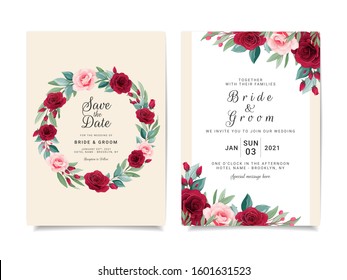 Wedding invitation card template set with flower wreath and border. Burgundy and peach roses botanic illustration for background, save the date, greeting, poster, cover vector