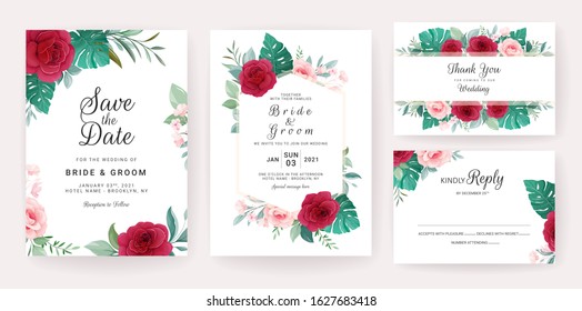 Wedding invitation card template set with roses, monstera, and wild leaves. Floral decoration for save the date, greeting, details, etc. Botanic illustration vector