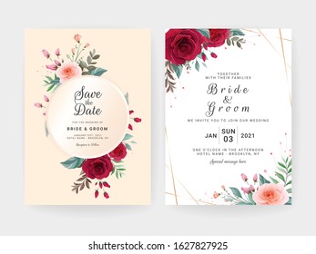 Wedding invitation card template set with luxury floral frame, border, pastel background, and gold line. Flowers decoration for save the date, greeting, poster, cover, etc. Botanic illustration vector