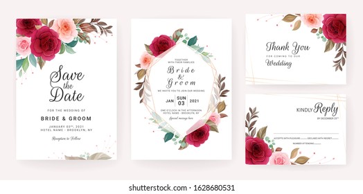 Wedding invitation card template set with geometric floral frame and border. Botanic illustration vector