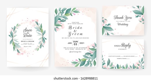 Wedding invitation card template set with leaves, small flowers, watercolor background, and gold line. Floral border   Botanic illustration vector